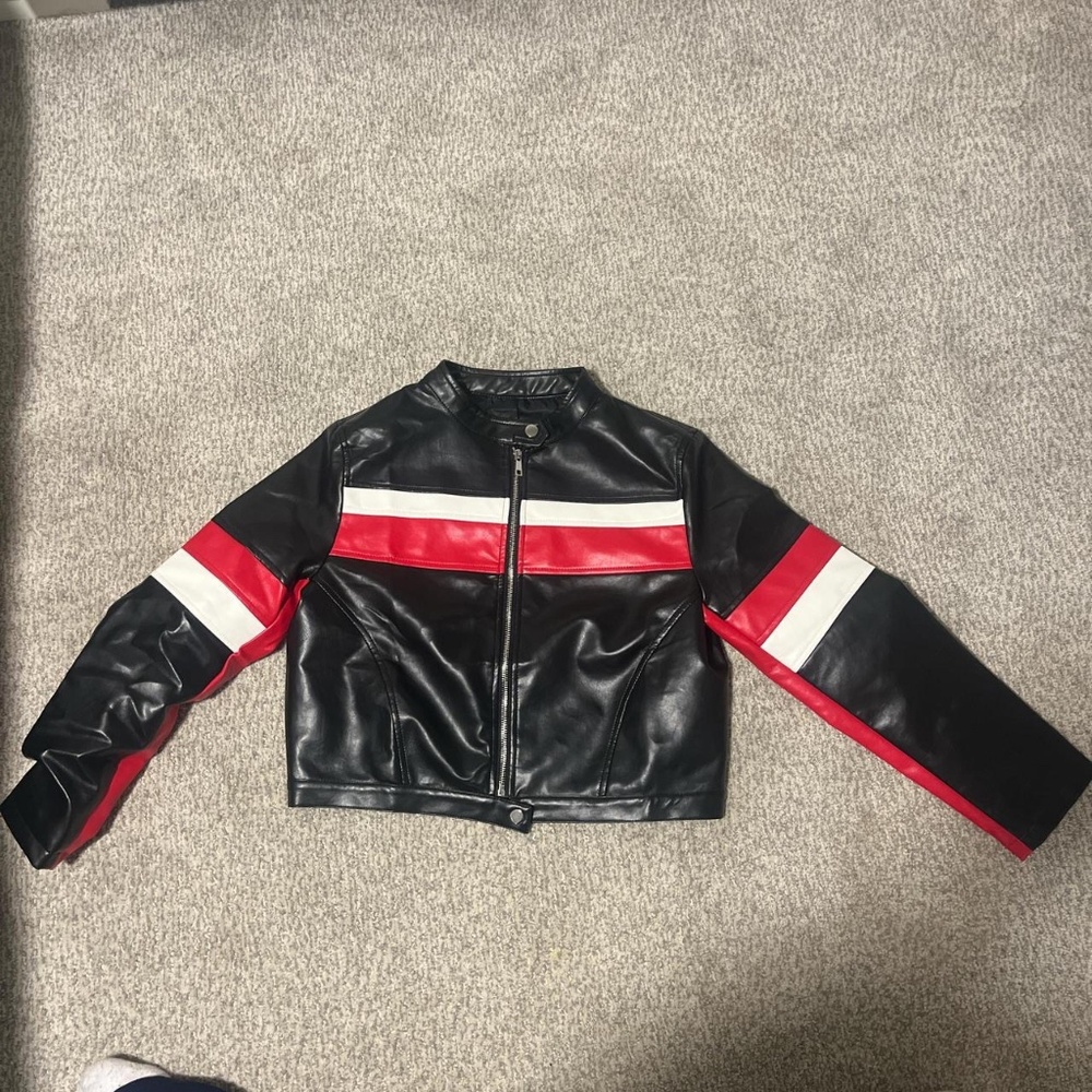 red white black leather jacket